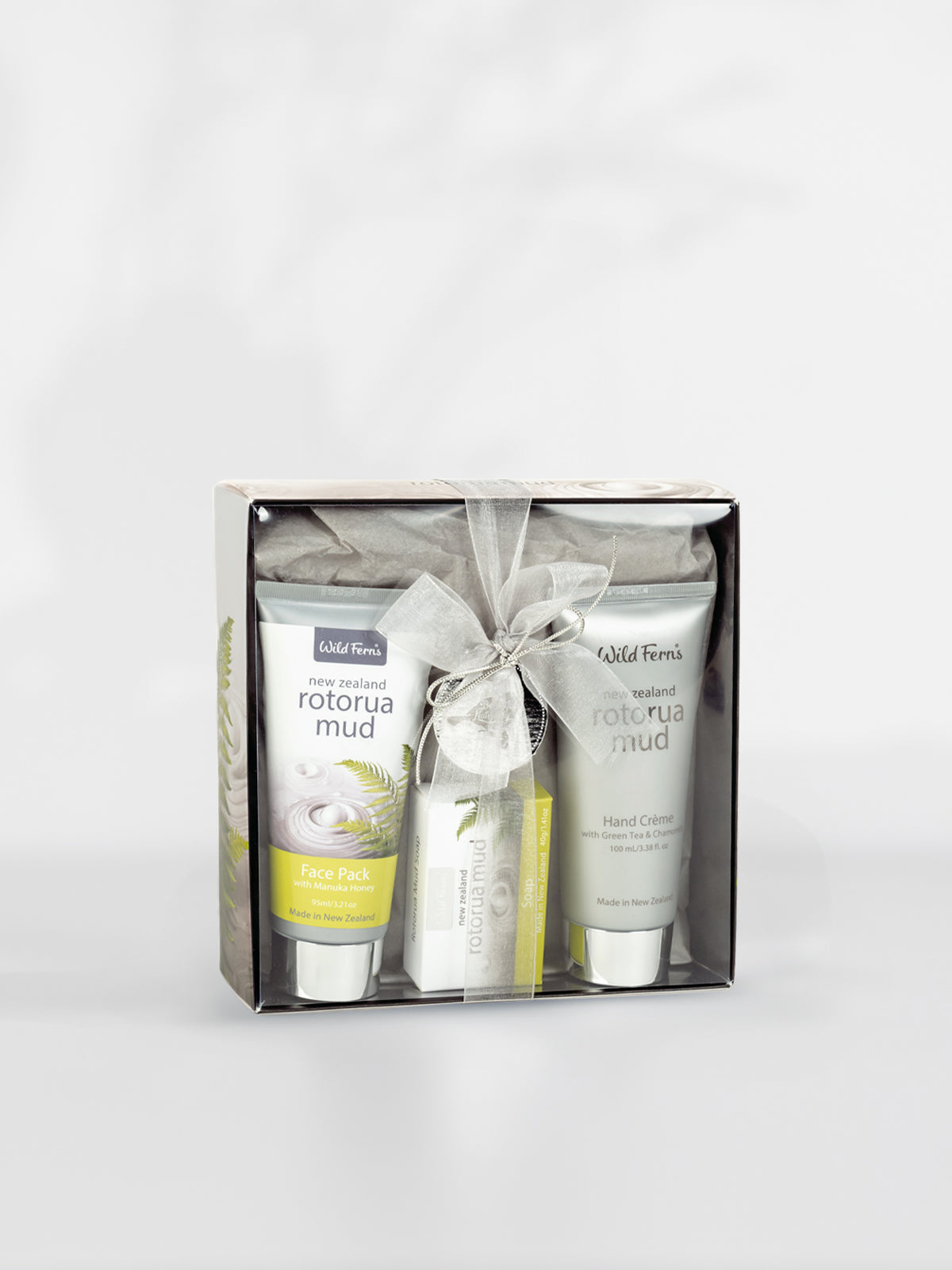 Wild Ferns Rotorua Mud Gift Box contains Face Pack 90g, Hand Creme 100ml and Guest Soap 40g