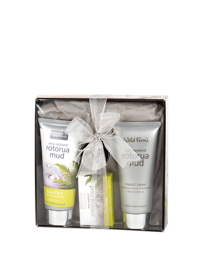 Wild Ferns Rotorua Mud Gift Box contains Face Pack 90g, Hand Creme 100ml and Guest Soap 40g